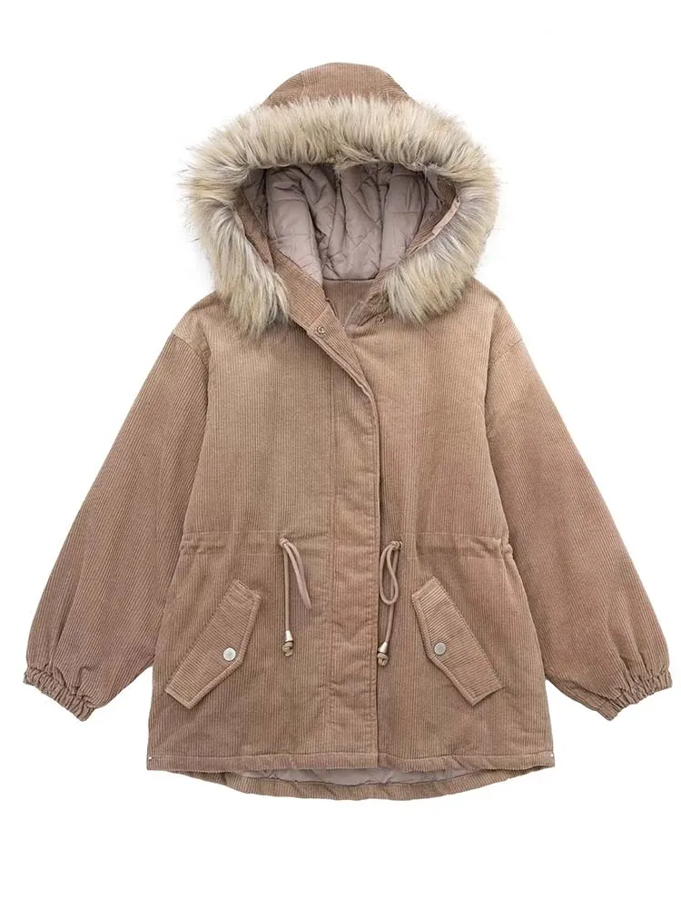 

Женские парки KLKXMYT TRAF, зимняя куртка 2023, Вельветовая Женская парка с подкладкой, пальто с капюшоном из искусственного меха, женские теплые ку...