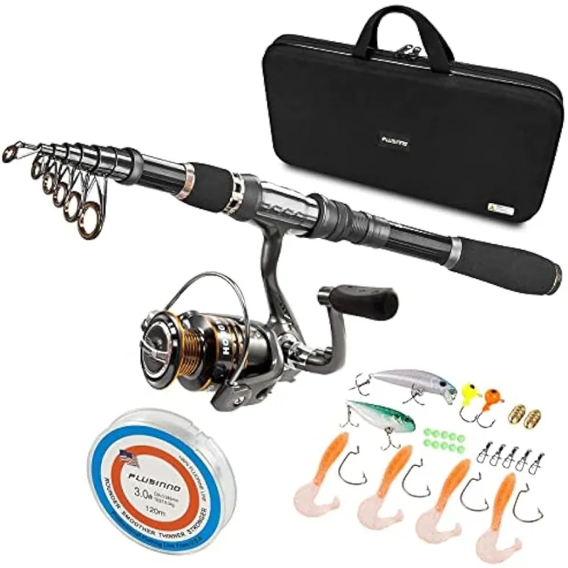 

PLUSINNO Telescopic Fishing Rod and Reel Combos Full Kit, Carbon Fiber Fishing Pole, 12 +1 Shielded Bearings Stainless Steel