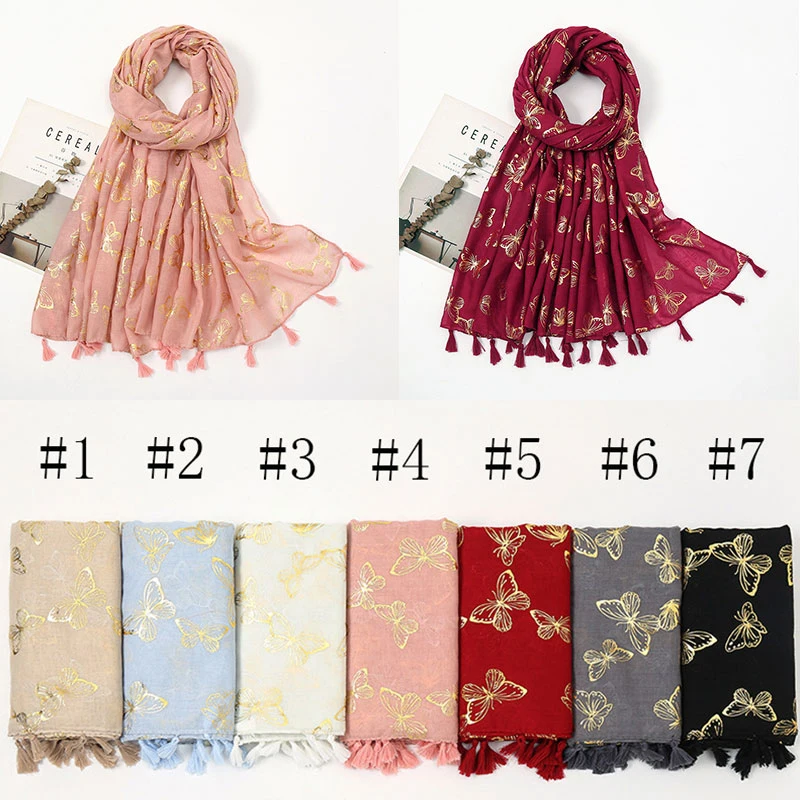

1PCS Fashion Gold Cotton Scarf Ladies Tassel Glitter Bronzing Turban Butterfly Wheat Feather Muslim Shawl Wrap