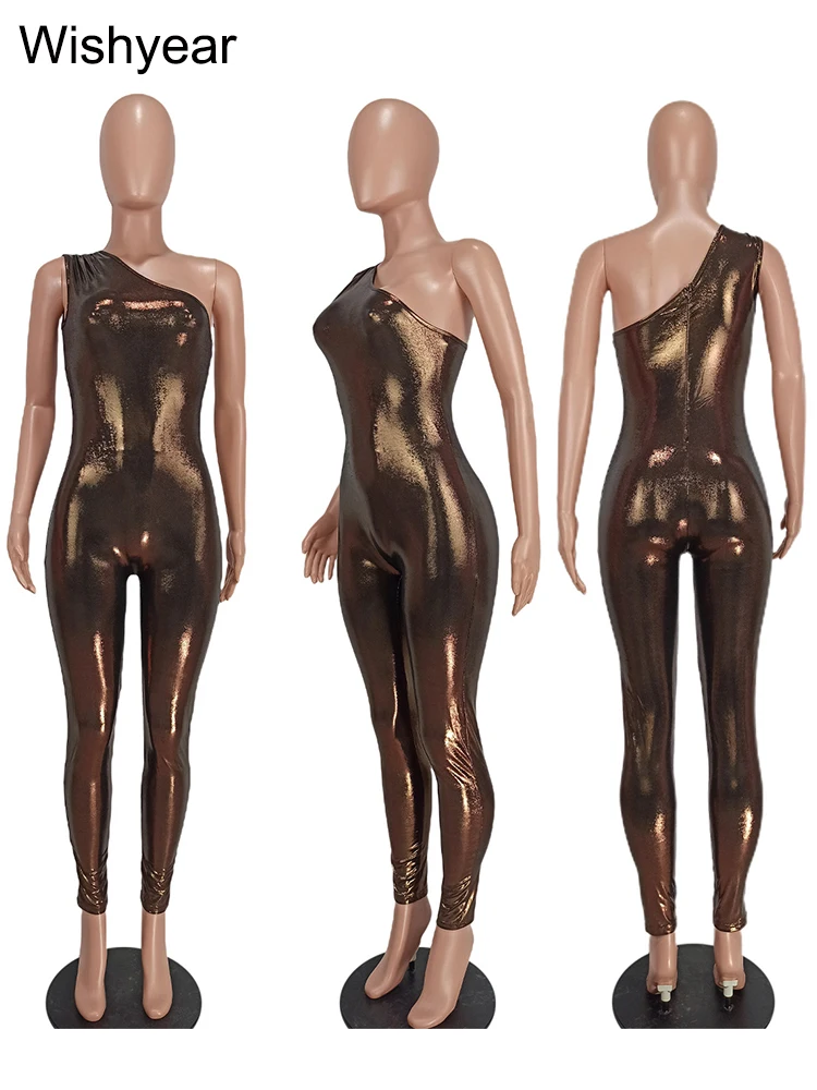 Wishyear Sexy Metallic One Shoulder Sleeveless Overalls for Women Summer Bodycon Romper Jumpsuit Night Club Rave Party Outfit