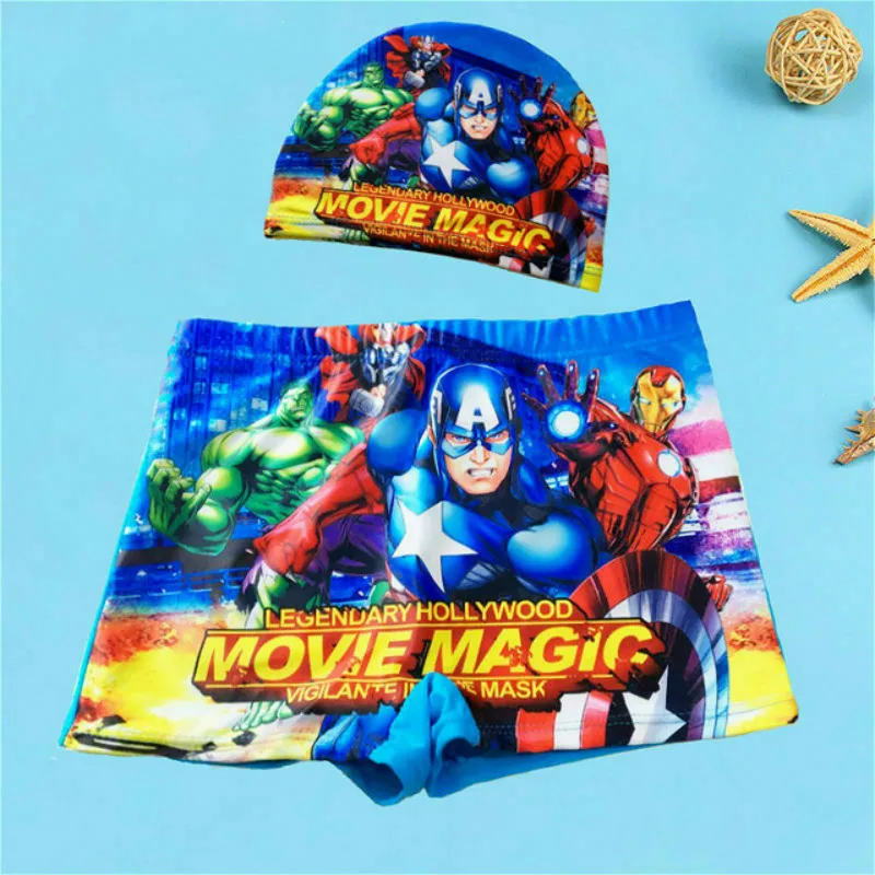 Baby Boy Swimwear Pants Cap Set Kid Swimsuit Summer Shorts Cartoon Spiderman Pixar Cars Captain America Children Swimming Trunks