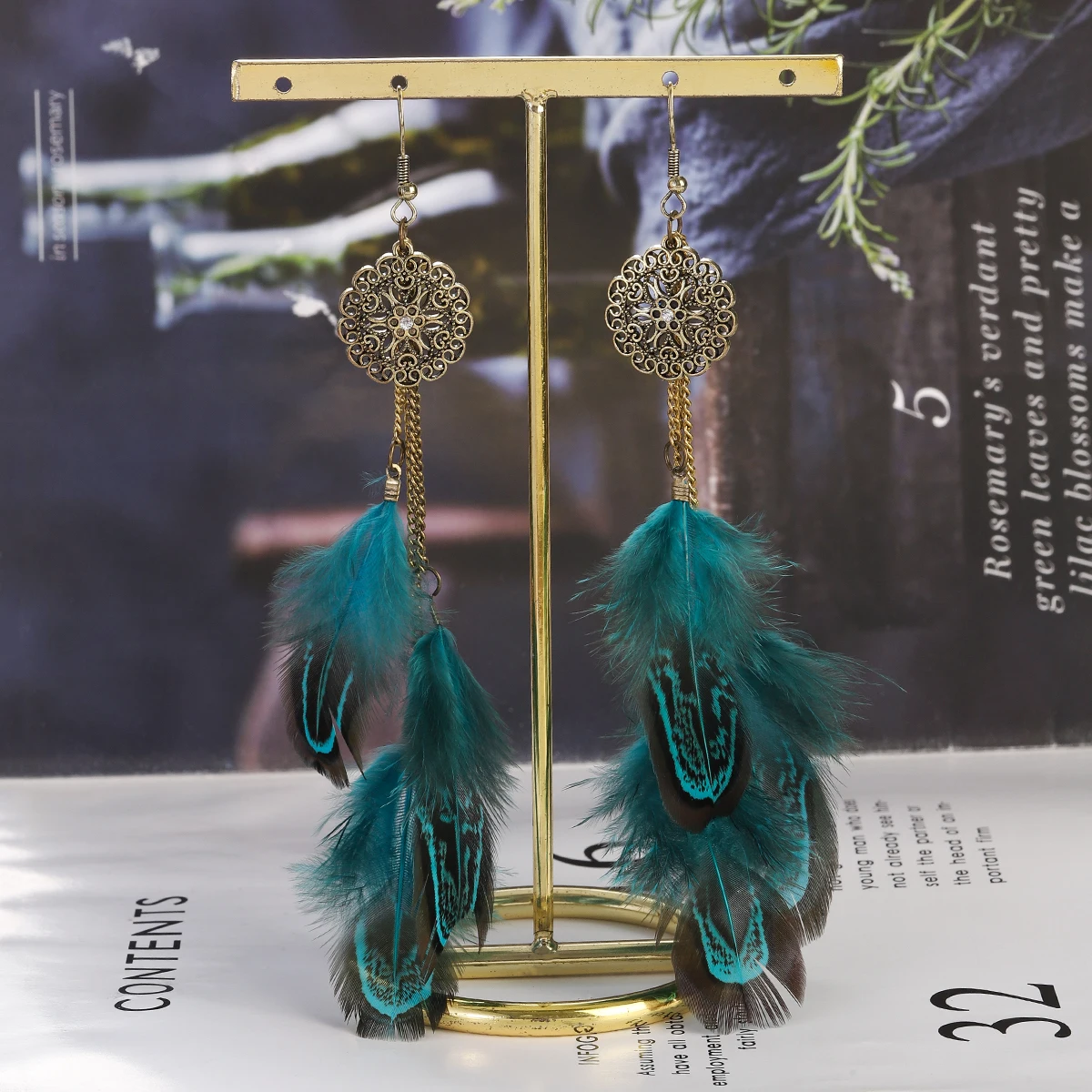 Серьги с зелеными перьями в богемном стиле ретро антикварные полые длинные