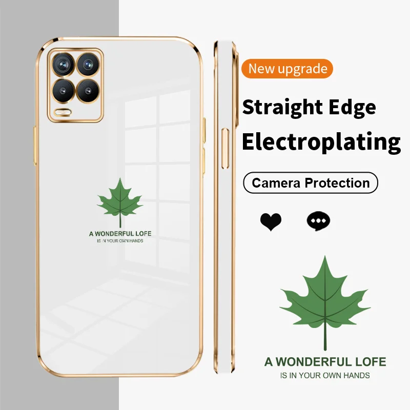 

Maple Leaves Square Electroplating Phone Case for Realme 8 4G 5G 8S 8i 9i 9 Pro Plus V13 V25 Q3i Q5 Narzo 30 50 Soft TPU