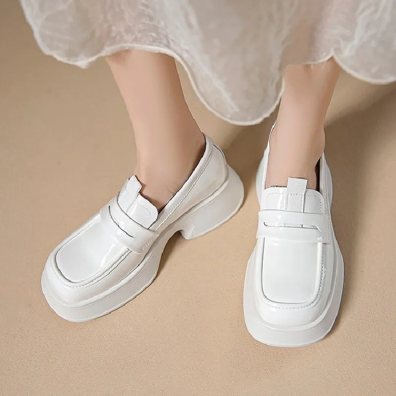 

2022 Platform Loafers Autumn New Casual Square Toe Cow Patent Leather Shoes Handmade Thick Chunky Heel Ladies Footwear