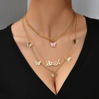 necklace metal alphabet pendant acrylic pink butterfly three layer necklace set