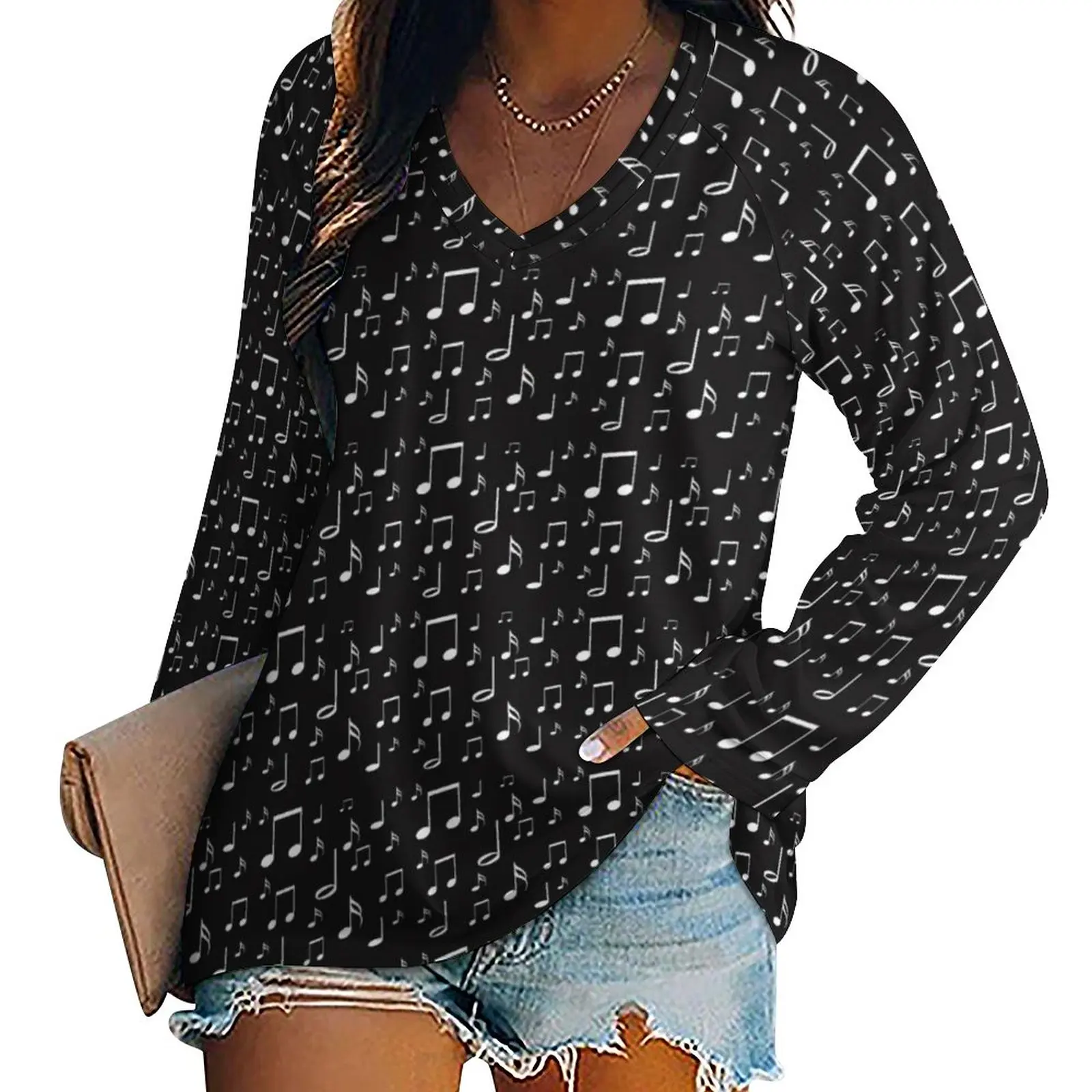 

Music Notes T-Shirts White and Black Aesthetic T-Shirt Female Long-Sleeve Korean Fashion Tshirt Big Size V Neck Design Top Tees
