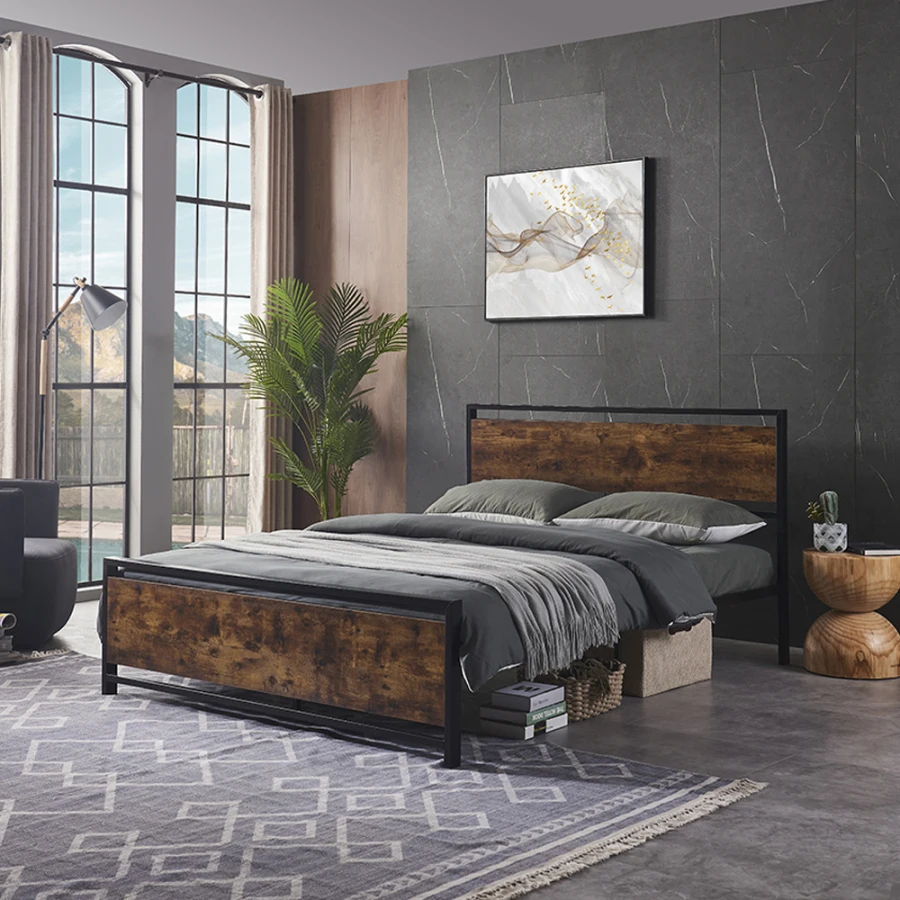 Queen Bedframe With Wooden Headboard Steel Slat Mattress Not Included