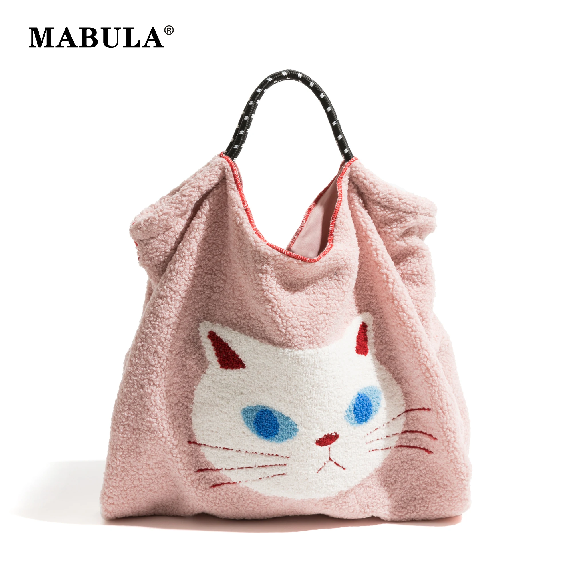

MABULA Aesthetic Cat Shopper Handbag Japanese Cartoon Pink Plush Faux Fur Ladies Tote Bag Soft Cute Winter Furry Purse for Girl