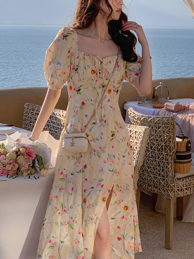 

Женское клетчатое платье средней длины, повседневное элегантное винтажное платье с коротким рукавом и цветочным принтом в Корейском стиле на лето