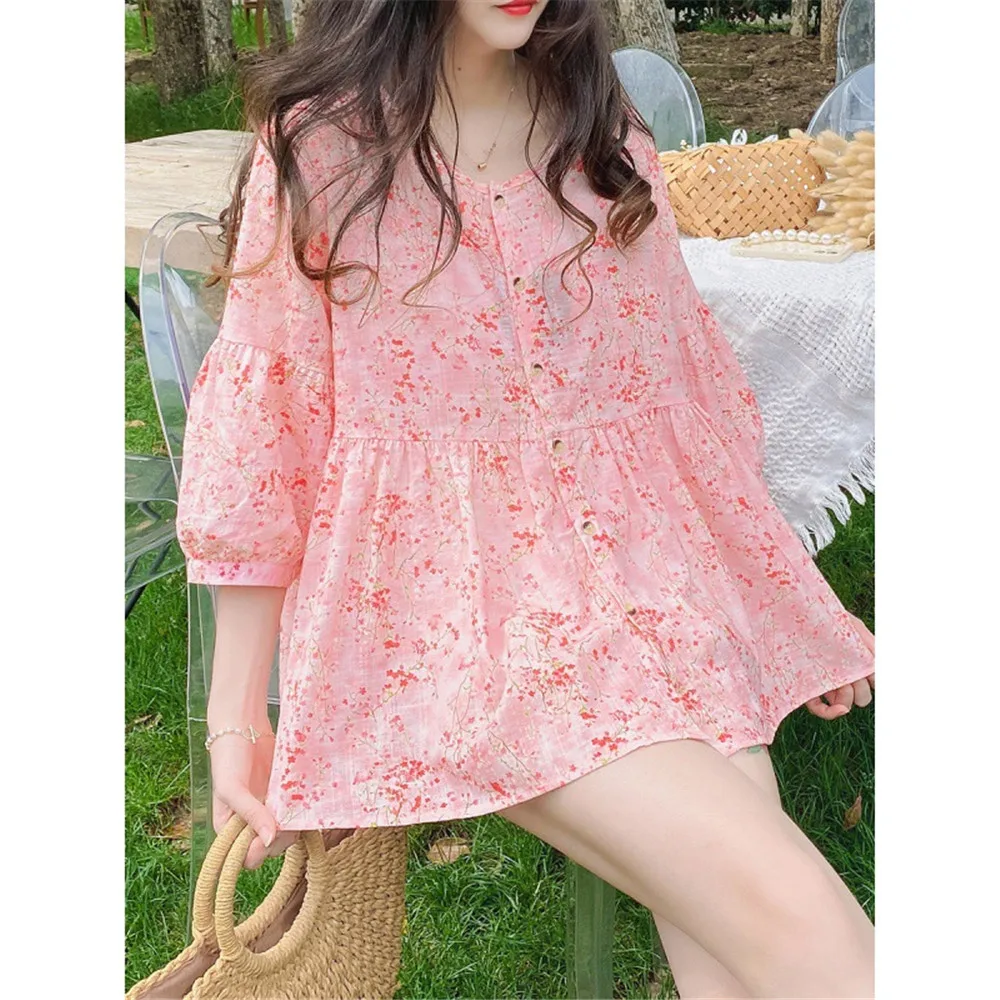 

Korea Blouse Loose Round Neck Sweet Floral Fluffy Cotton And Linen Single-breasted Baby Shirt Top Summer 2022 New Korea Japan