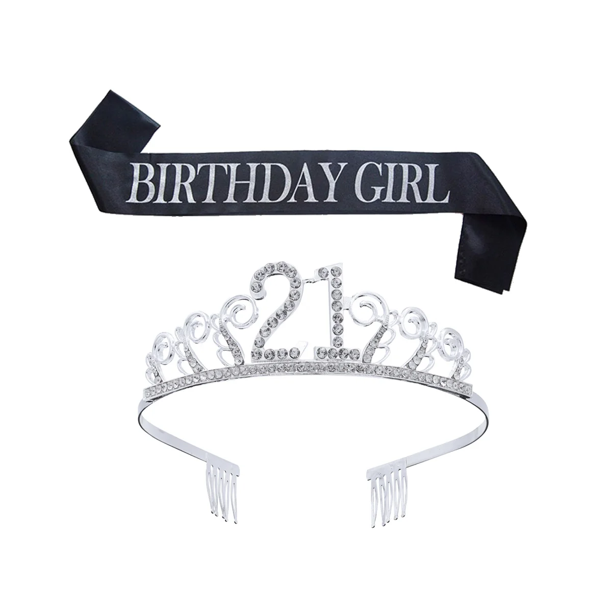 

1 Set Number 21 Rhinestone Crown Hair Comb and Letter Printing Sash Decoration Headress Tiara Head Accessory Birthday