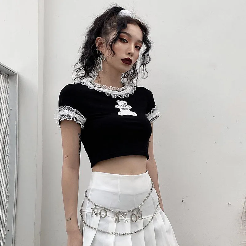 Goth T Shirts Fashion Kpop Bear Print Graphic T Shirts Summer E Girl Sexy Lace Crop Top MINGLIUSILI Gothic Women Clothing