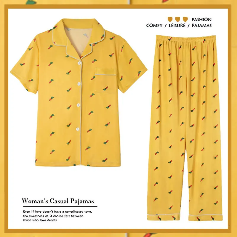 New Sale Women Home Wear 2022 Spring Summer Short Sleeved Women Pajamas Set Long Pant Pyjamas Sets Cotton Leisure Sleepwear Set