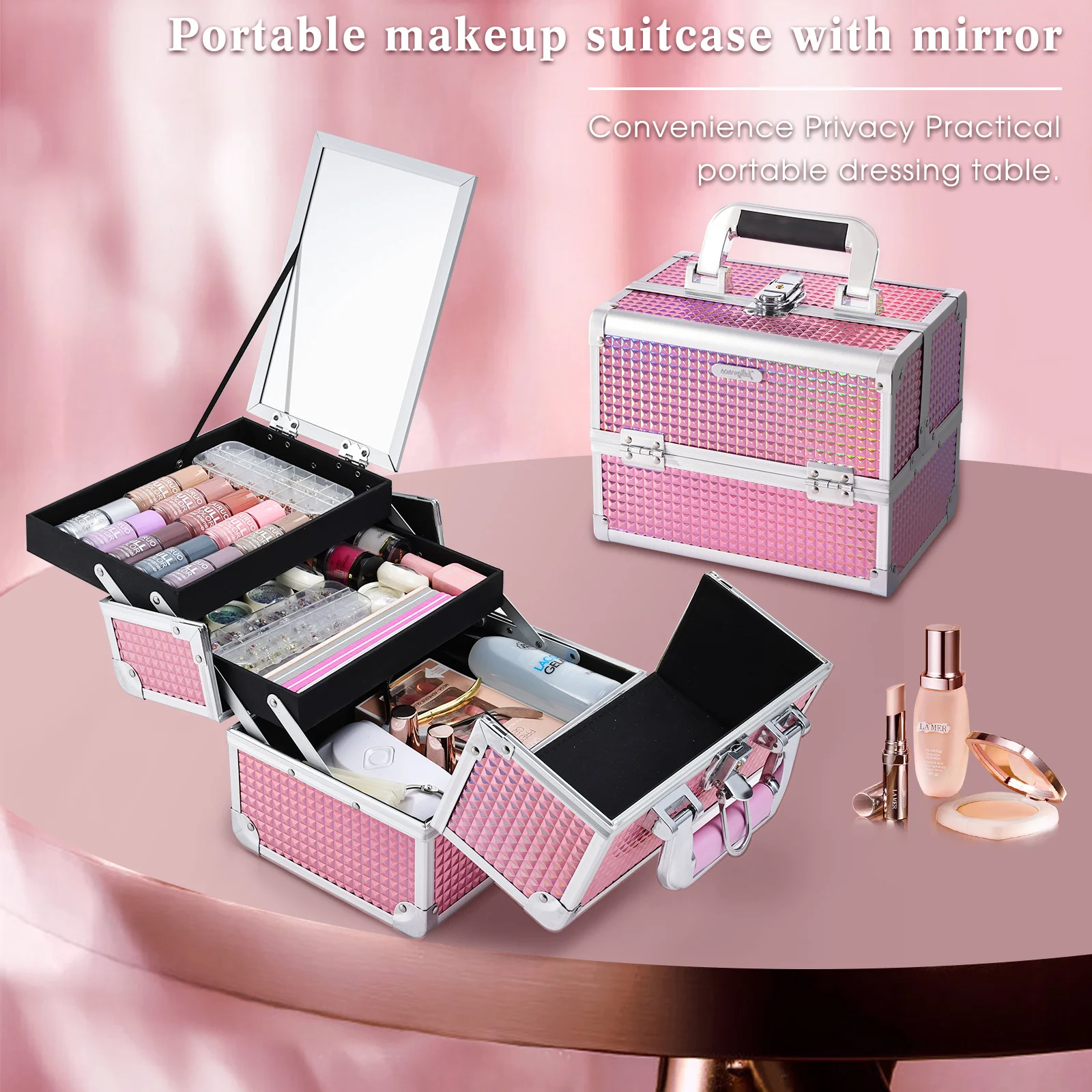 

Portable Makeup Case with Mirror 2 Trays Lock Alloy Make-up Suitcase Travel Cosmetic Jewelry Nails Storage Box for Manicure Tech