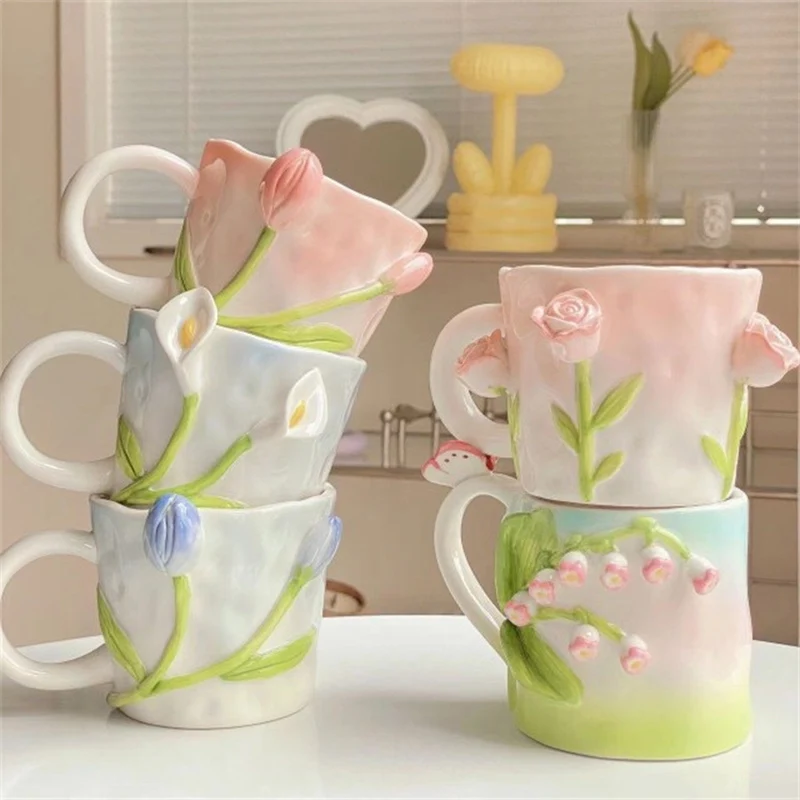 

3D Hand Painted Ceramic Coffee Mugs Tulip Handgrip Milk Breakfast Afternoon Tea Cup Office Mug Home Drinkware