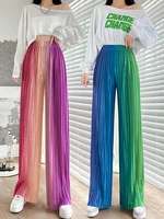 womens summer rainbow color wide leg pants chic elastic waist loose long pants lady gradient color straight wide leg pants