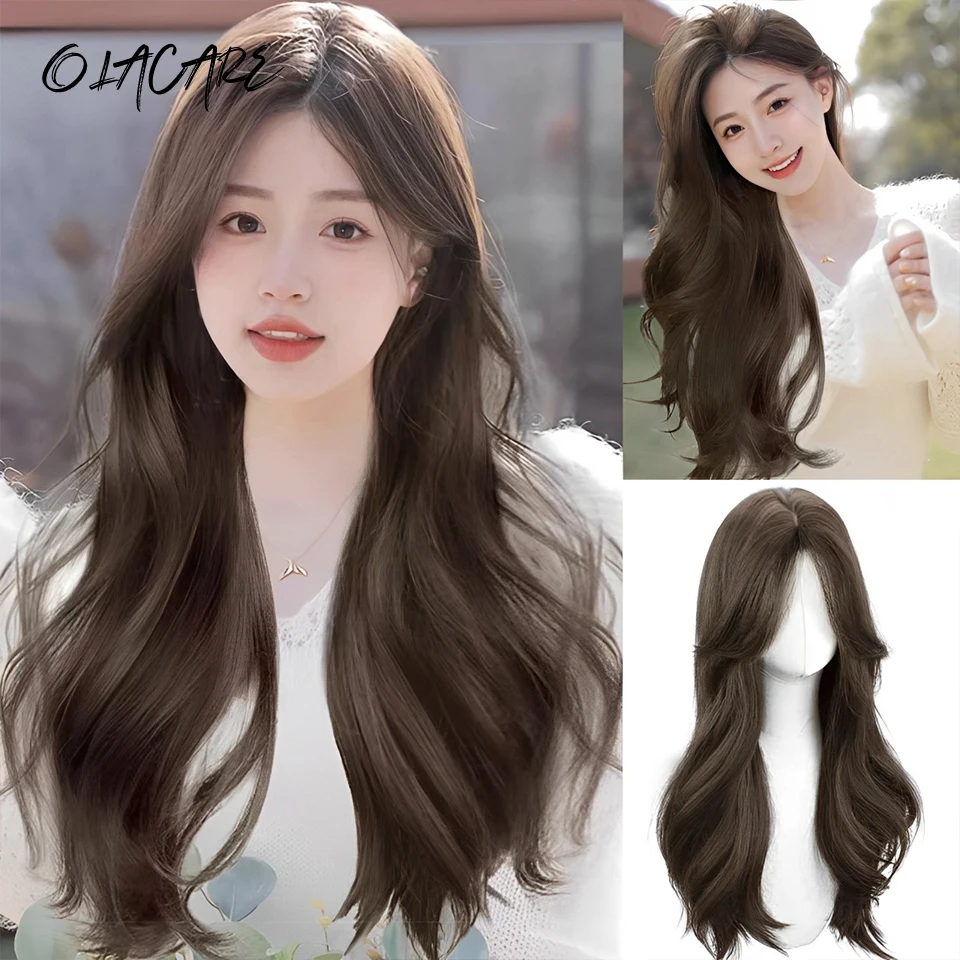 OLACARE Brown Wavy Wigs for Women with Bangs Long Natural Synthetic Hair Wig Daily Cosplay Heat Resistant