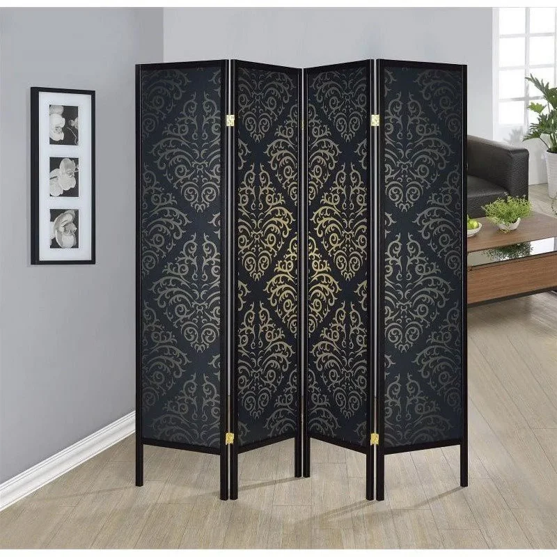 

Captivating Four Panel Folding Screen with Damask Print, Black- Saltoro Sherpi