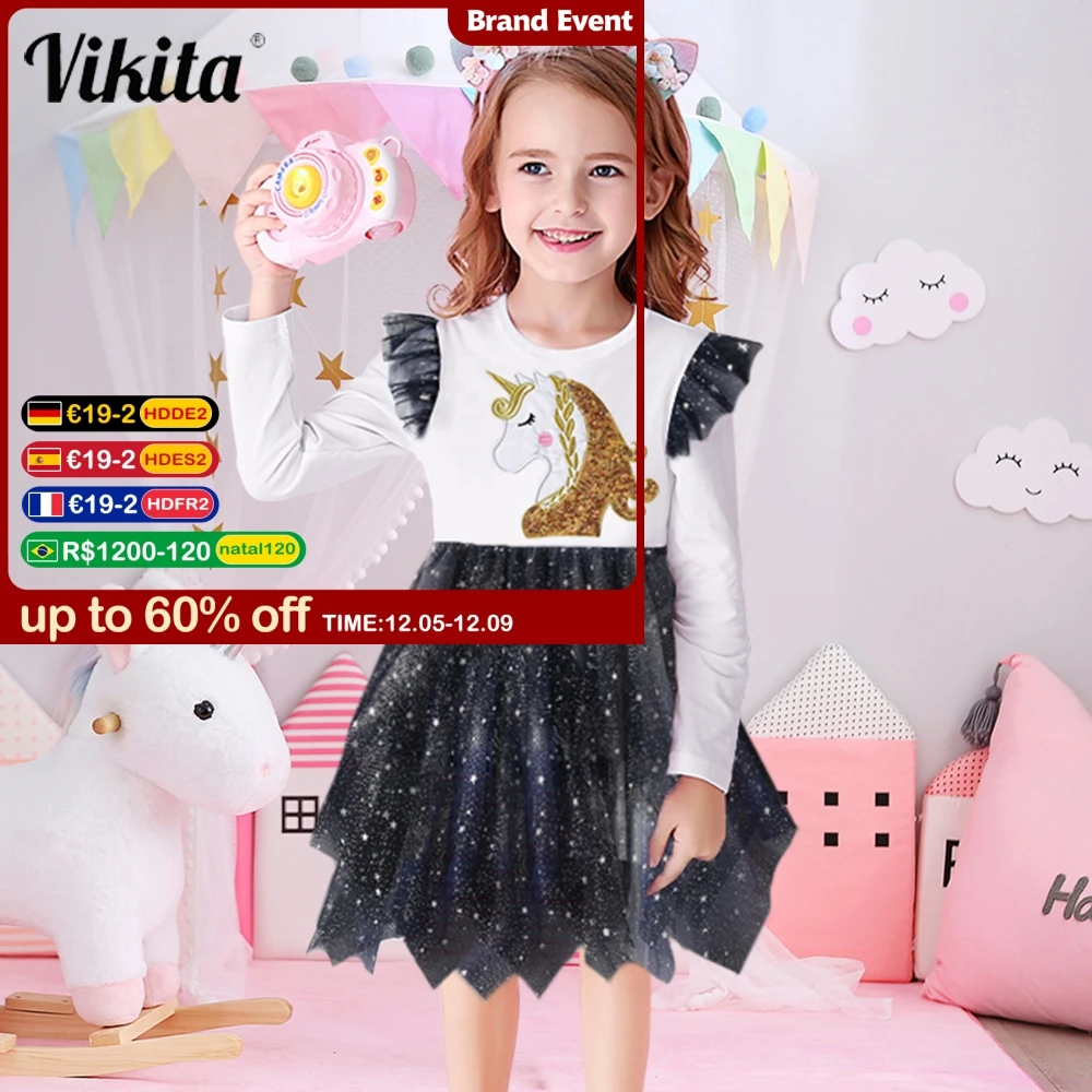 

VIKITA Girls Irregular Dress Kids Spring Autumn Party Dresses Kids Unicorn Print Costumes Girl Layered Dress Children Clothing