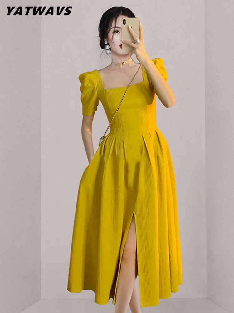 

Женское платье с квадратным вырезом, дизайнерское элегантное платье с высокой талией и разрезом для вечерние в Корейском стиле, с карманами...