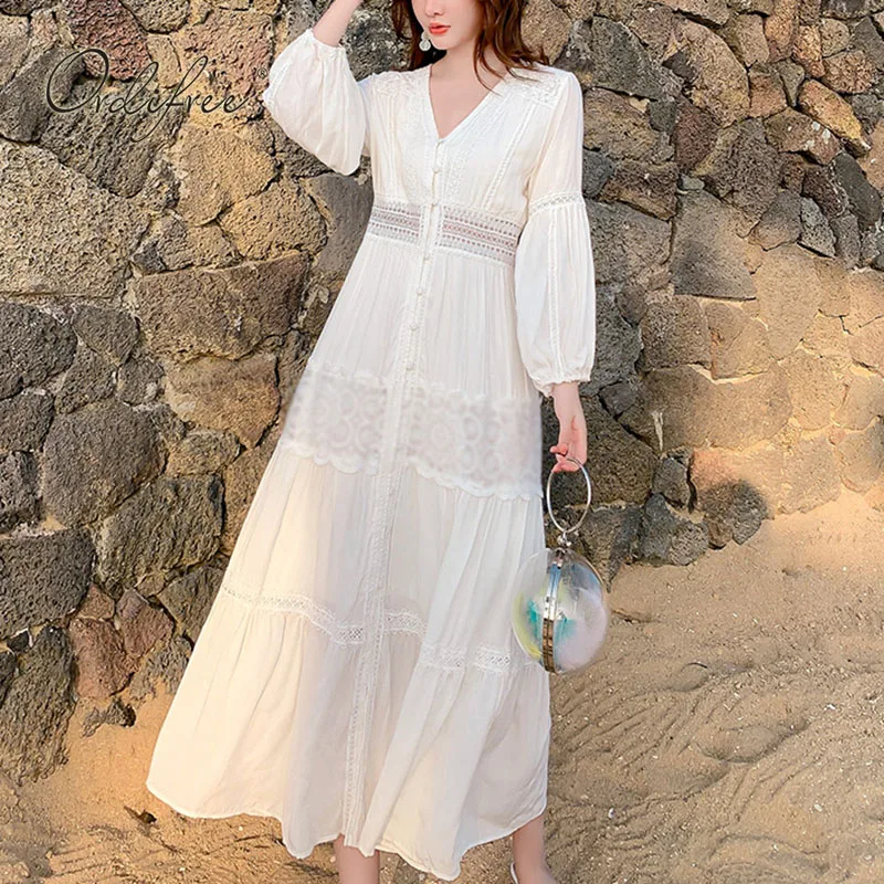 

Ordifree 2022 Summer Women Long Beach Dress White Lace Hollow Out Cotton Vocation Tunic Maxi Dress