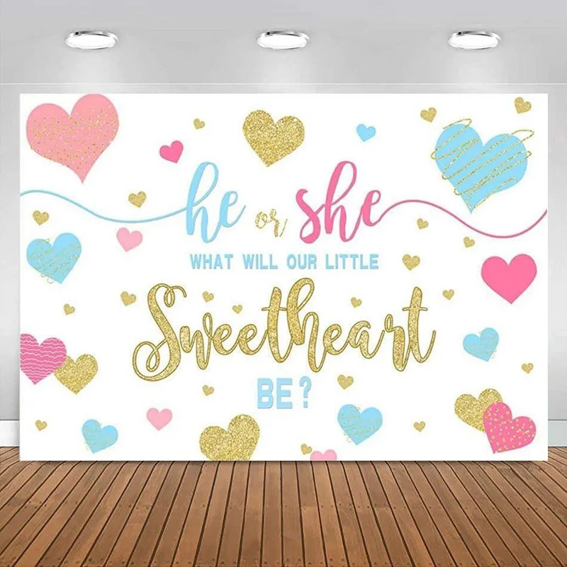 

Gender Reveal Backdrop He or She What Will Our Little Sweetheart Banner Pink Blue Photography Background Party Decoration