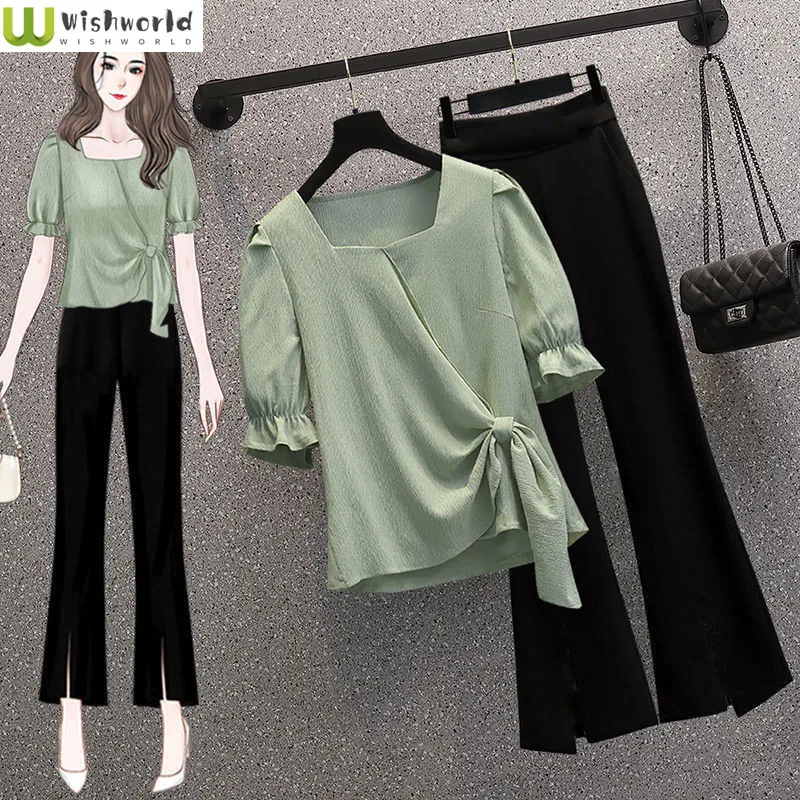 

Square Neck Bubble Sleeve Chiffon Top Women's Spring and Summer 2022 New Fashion Skin Covering Slim Casual Pants Women's Suit