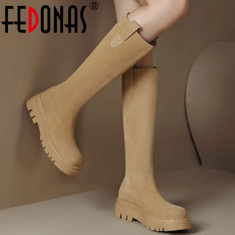 

FEDONAS Women Knee High Boots High Quality Cow Suede Leather Thick Heels Platforms Shoes Woman Autumn Winter Casual Concise New
