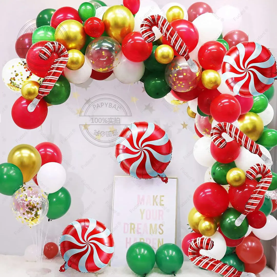 

141pcs Red Green Merry Christmas Balloons Arch Garland Kit Gold Confetti Balls Candy Cane Foil Ballon New Year Party Decorations