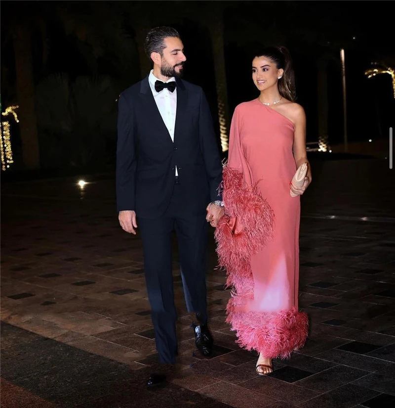 

Модное платье из эластичной ткани до щиколотки с рукавами «летучая мышь», вечерние платья с страусиными перьями