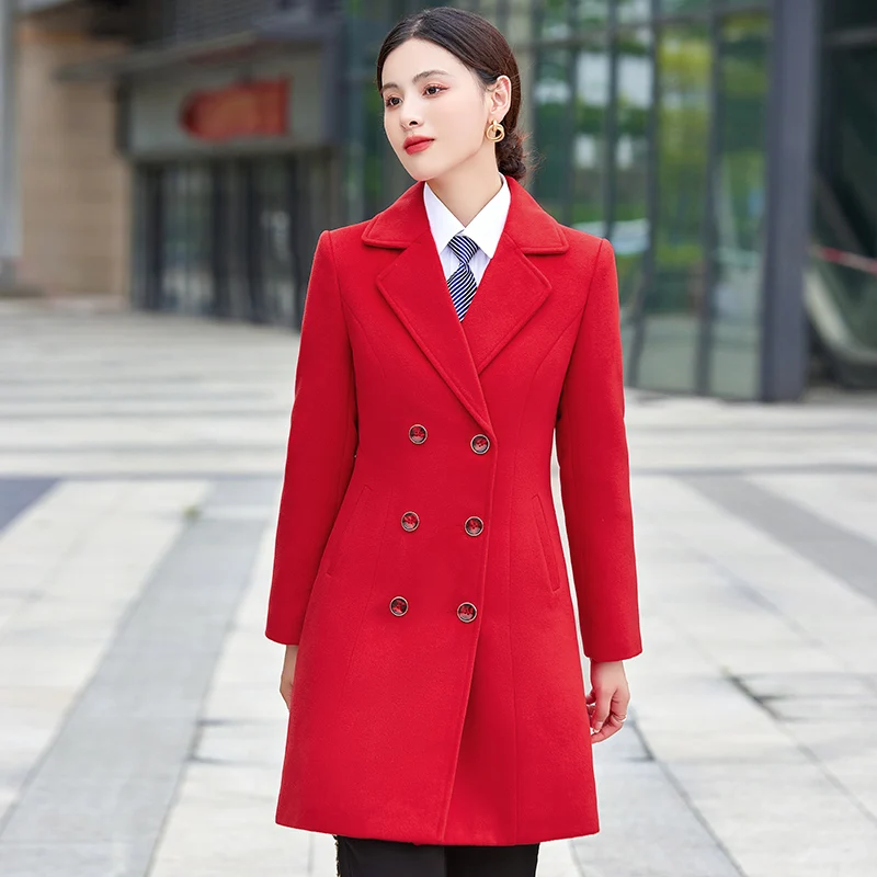 Autumn Winter  Korean Women woolen overcoa Blazer Coat  Elegant Double Breasted Lengthened Khaki Jacket Lapel Windbreaker Female