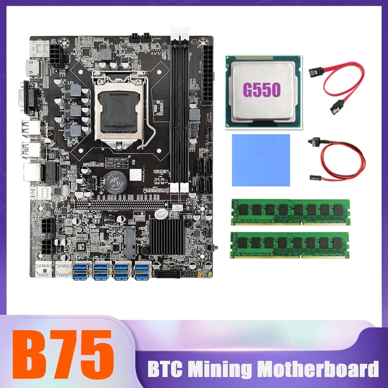 

B75 BTC Miner Motherboard 8XUSB+G550 CPU+2XDDR3 4G 1333Mhz RAM+SATA Cable+Switch Cable+Thermal Pad B75 USB Motherboard