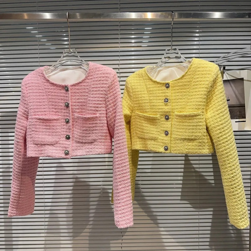 

BORVEMAYS Temperament Tweed Jacket Casual O Neck Long Sleeve Single-breasted Solid Color All-match Coat Autumn 2023 WZ5301