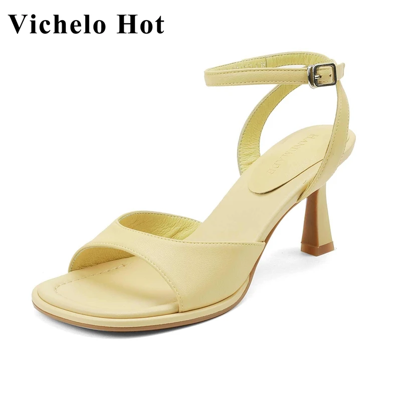 

Vichelo Hot Full Grain Leather Peep Toe High Heel European Design Young Lady Streetwear Mature Elegant Summer Women Sandals L41