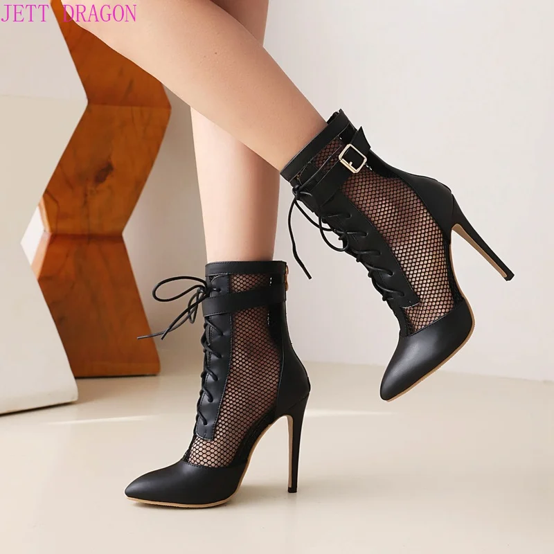 

New Sexy Mesh Ankle Boots Women Pointed Toe Stiletto Heels Fashion Zip Ladies Party Shoes Spring Autumn Cool Boot Female Booties
