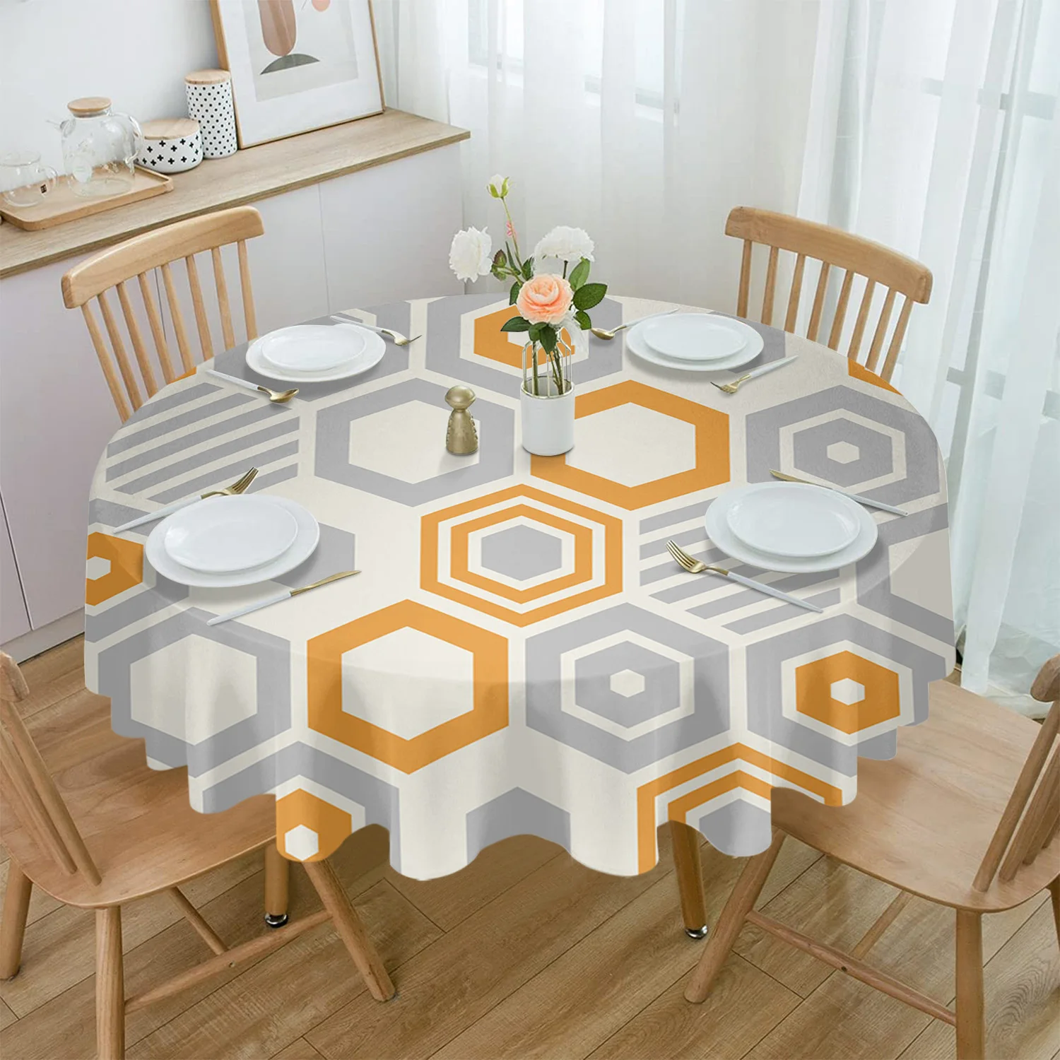 

Художественная шестиугольная Геометрическая оранжевая и серая Водонепроницаемая скатерть, украшение для стола, круглая скатерть для кухни, свадьбы, дома, столовой
