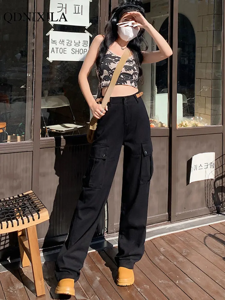 

2022 Autumer Winter High Wist Baggy Women Cargo Pants Streetwear Straight Casual Wide Leg Denim Trouser Y2k Pocket Joggers Jeans