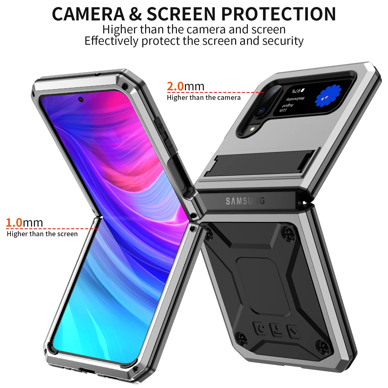 For Samsung Galaxy Z Flip 4 Case  Heavy Duty Metal+Silicone Rugged Strong Protection KickStand Cover Dust Proof Drop Resistant