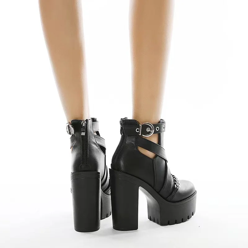 New sexy High heels Fashion Ankle Boots For Women High Heels Casual Cut-outs Buckle Round Toe Chain Thick Heels Platform Shoes