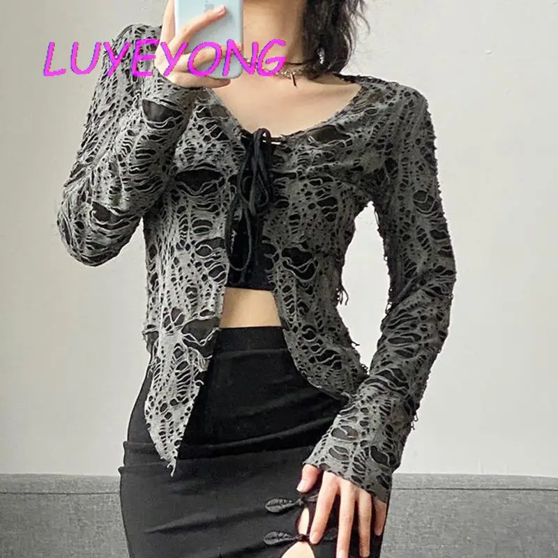 

Summer Street Harajuku Mujer Blusa Y2k Girl Lace-up Bust Long Sleeve Ripped Blouses Female Broken V Neck Cardigan Gothic Blouse