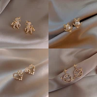 korean elegant animal stud earrings for women fashion horse owl cat moon pearl ear jewelry girls daily wearing accessories