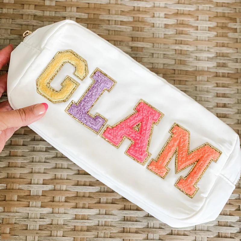 

New Arrival Fashion Nylon Durable Personalize Letter Patches Gifts For Women Cute Pouches Makeup Cosmetic Travel Organizer Bags