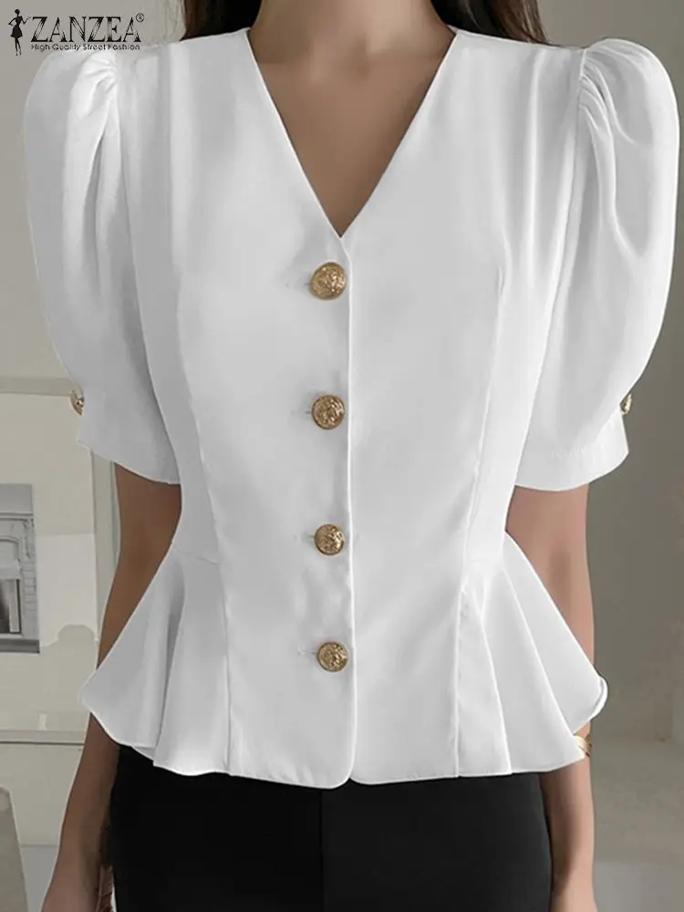 

ZANZEA Elegant Short Puff Sleeve Waisted Blouses Women Summer Tops V-neck OL Peplum Shirt Korean Fashion Button Up Party Chemise