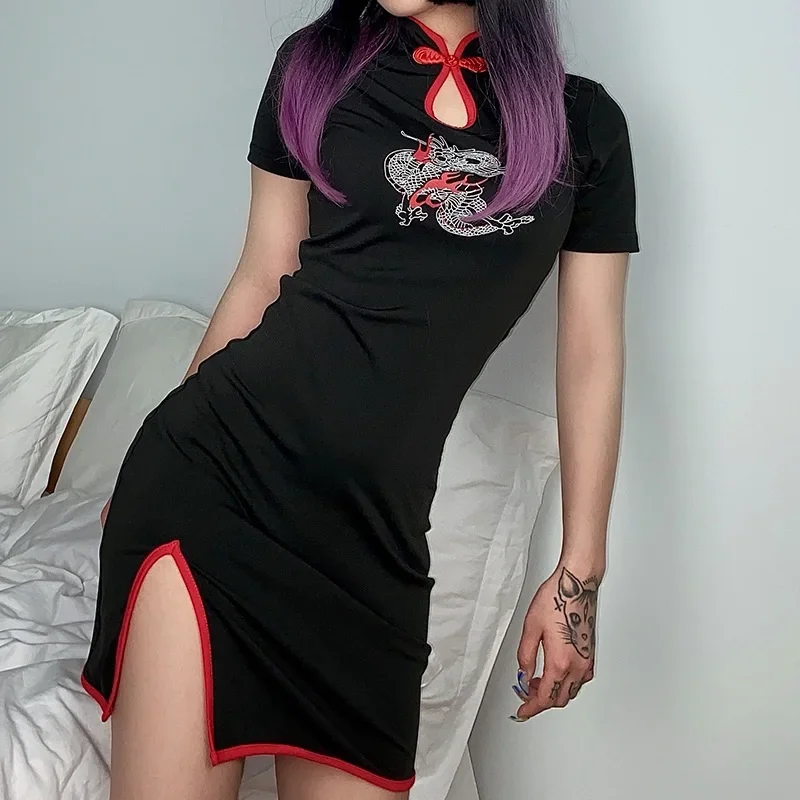 Элегантное китайское Чонсам Черное короткое платье Qipao китайские платья лето 2020