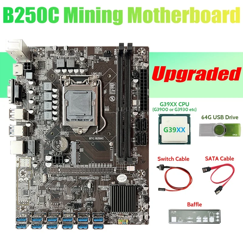 B250C BTC Miner Motherboard+G39XX CPU+64G USB Drive+Baffle+SATA Cable+Switch Cable 12 USB3.0 DDR4 LGA1151 For ETH