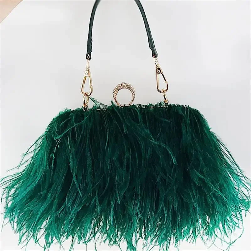 

Luxury Ostrich Feather Party Evening Clutch Bags 2022 Women Wedding Purses And Handbags Small Shoulder Chain Bag Designer Bag