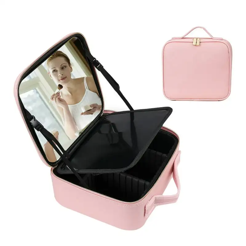 

Bag with Mirror of LED Lighted,Travel Makeup Train Case Cosmetic Bag Organizer with Adjustable Dividers,Makeup Case with Mirror