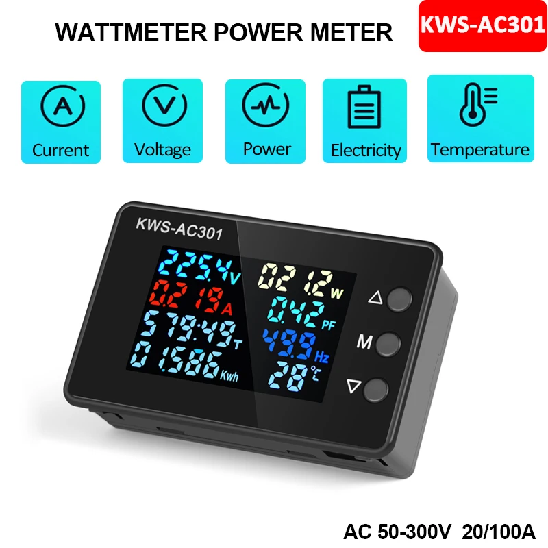 

KWS-AC301 Wattmeter Power Meter Voltmeter AC 50-300V Voltage 50-60HZ Power Analyzers LED AC Electricity Meter 0-20/100A Detector