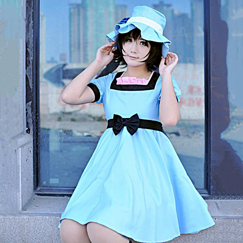 

Anime Steins Gate Shiina Mayuri Cosplay Costume Blue Dress with Hat Party Role Play Dresses Halloween Party Clothes Lolita