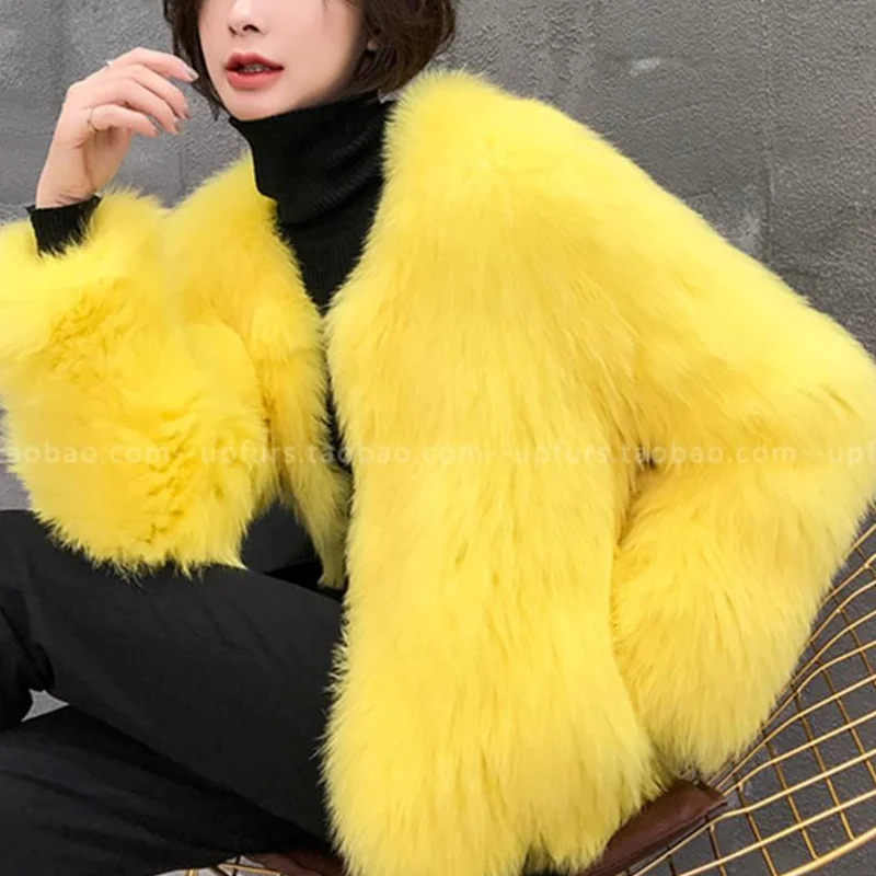 Winter Faux Fur Coat Fox Fur Coat Winter Short Warm Fox Fur Round Neck Long Sleeve Stitching Coat Woman Winter Coats and Jackets